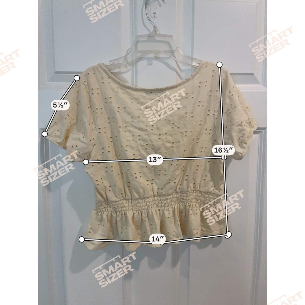 Arizona Butter Yellow Eyelet Tie-Front Scoop Neck Peplum Smocked Waist Crop - Picture 7 of 7